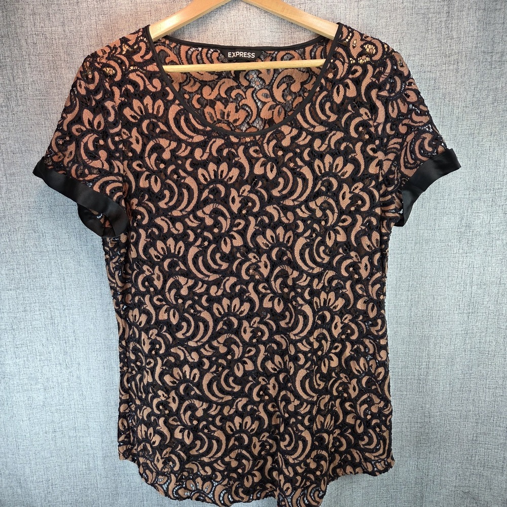 Express Black Lace Overlay Peach Large Cuff Sleeve Blouse Gothic Victorian Top